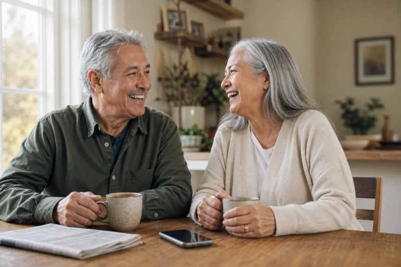 Older couple laughing together at the kitchen table